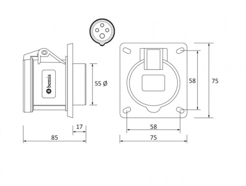 Bemis BC1-3504-2413 CEE Norm IP44 32A Makine Priz (75x75) - 2