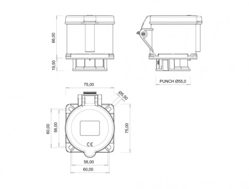 Bemis BC1-3505-2413 CEE Norm IP44 32A Makine Priz (75x75) - 2