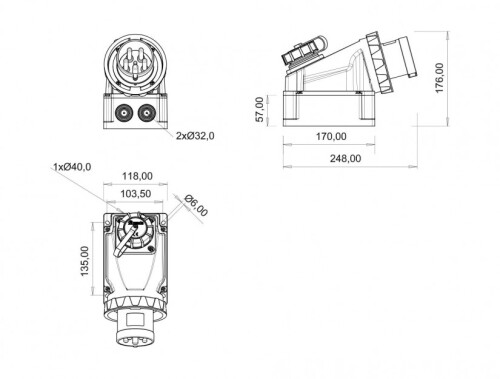 Bemis BC1-4303-7238 CEE Norm IP67 63A 90° Eğik 1/16A. Mak. Prizli Duvar Fiş - 2