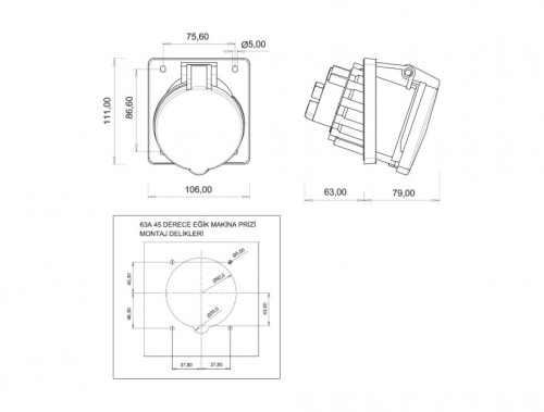 Bemis BC1-4403-2420 CEE Norm IP44 63A 45° Eğik Makine Priz - 2