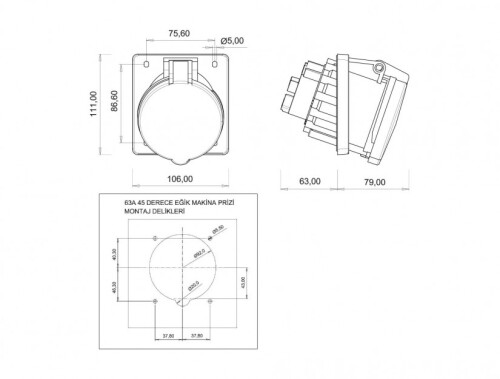 Bemis BC3-4504-2420 CEE Norm IP44 63A 45° Eğik Makine Priz (Pilotlu) - 2