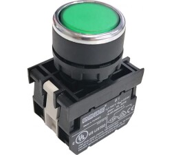 Emas B1Y2DY Plastik LED'li 1NO+1NC 100-230V AC Yaylı Düz Yeşil 22 mm Buton - 1